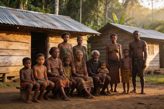 Mehrgenerationen-Porträt einer Kota-Gemeinschaft in einem Dorf im Regenwald Nordost-Gabuns, mit Erwachsenen und Ältesten vor einfachen Holzhäusern, im warmen Morgenlicht, dokumentarischer Stil.