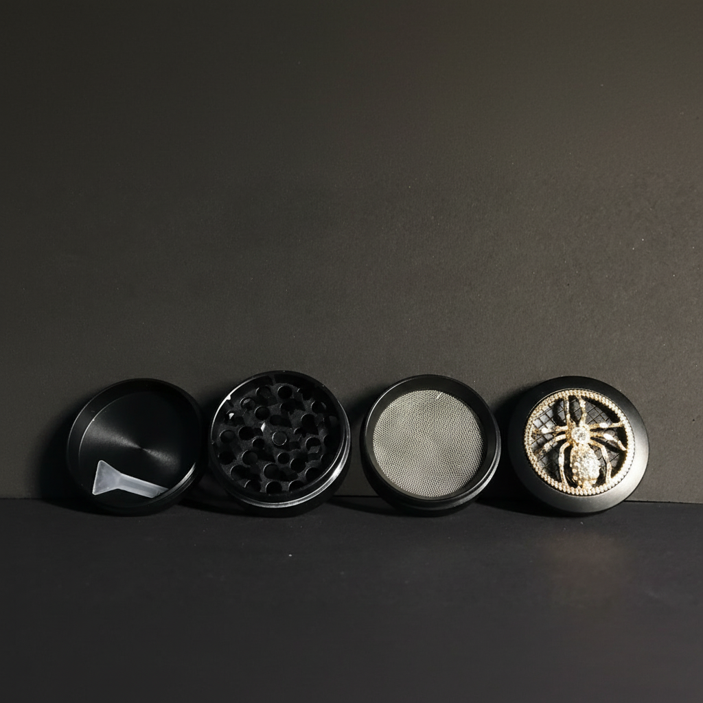 Schwarze 4-teilige Mühle mit goldfarbener Spinne und Glitzersteinchen, geöffnet