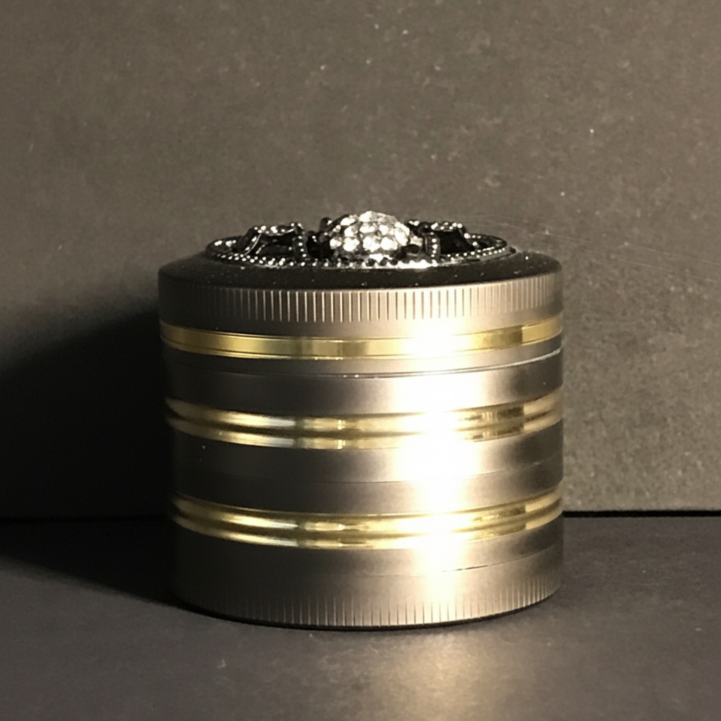 Detailansicht goldfarbene Spinne und Glitzersteinchen auf schwarzer Mühle