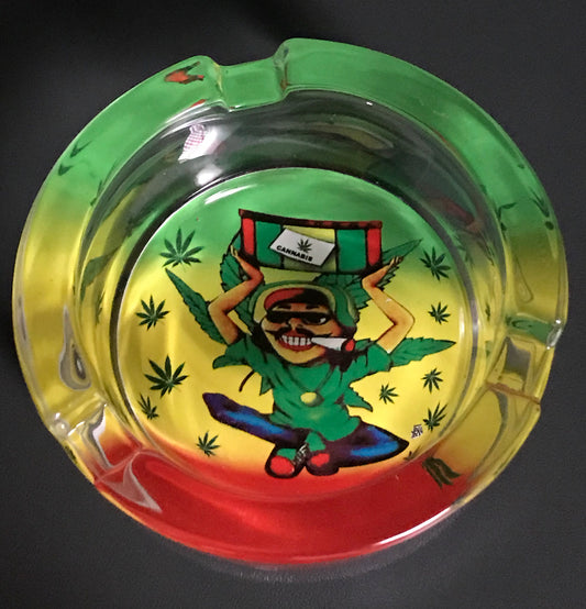 Gläserner Aschenbecher mit Cannabis-Motiv – Rund & farbenfroh